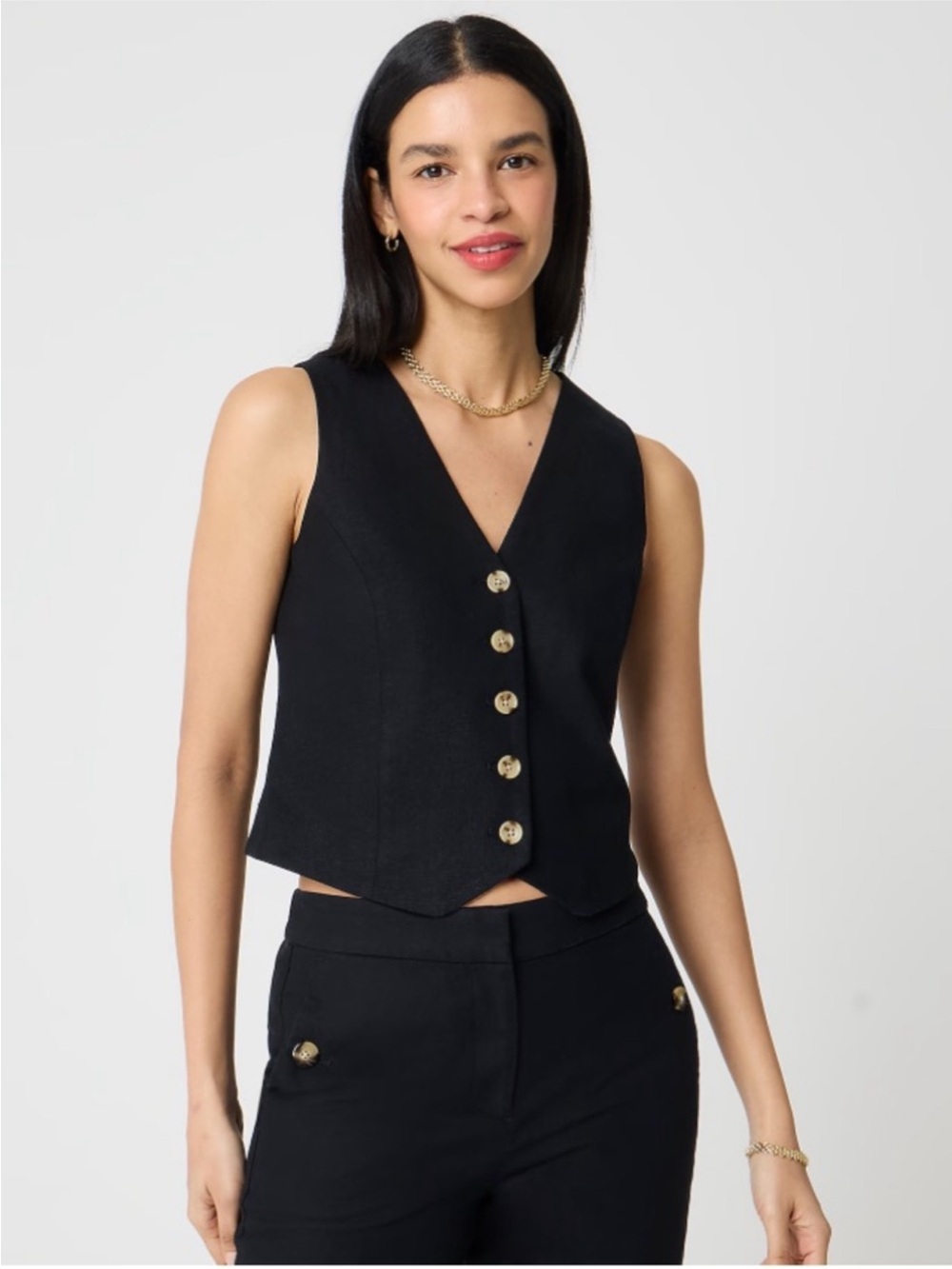 J. Crew Factory Black Button-Front V-Neck Crop Vest